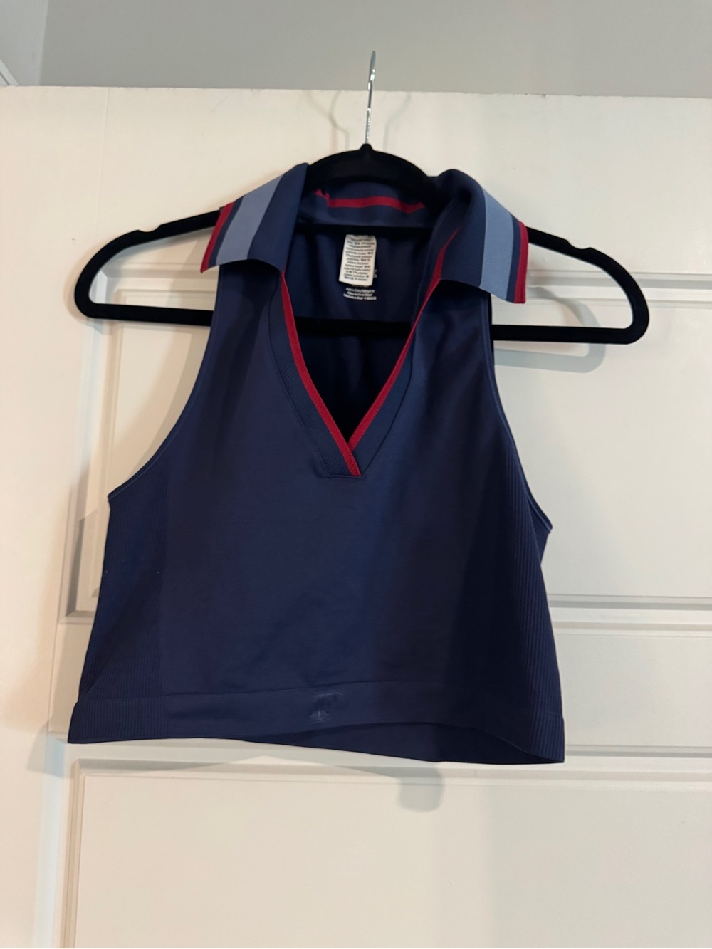 Pink - Navy Sleeveless Crop Top with Light Blue & Red Trim